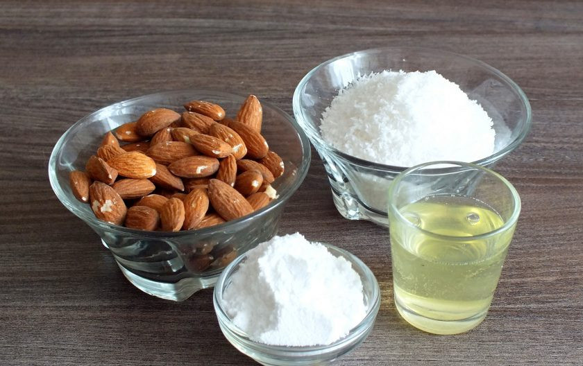 1. Этап. Миндально-кокосовое печенье: Подготовьте необходимые ингредиенты.