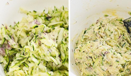 1. Этап. Кабачковые оладьи в духовке: Соедините кабачки с луком в отдельной посудине. Влейте туда полученную яичную смесь и перемешайте.