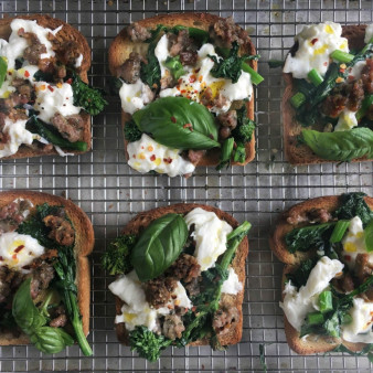 Burrata, Sausage and Broccoli Rabe Toast