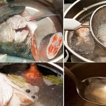 1. Этап. Лохикейто: Кладем в кастрюлю суповой набор (голова, хвост, кожа, скелет), заливаем его холодной водой и ставим на большой огонь. Доводим до кипения, снимаем пену, добавляем морковь, луковицу (целиком), перец и соль. Варим полчаса при слабом кипении, после чего бульон процеживаем, а все, что в нем варилось, выбрасываем.