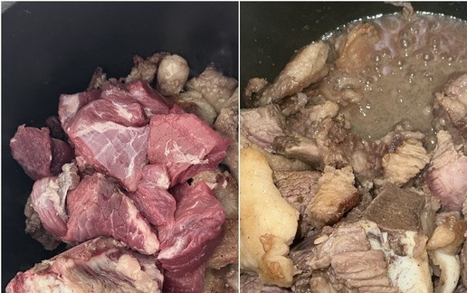 1. Этап. Харчо с орехами и сливой: Добавил «деловые» кусочки. И тушил мясо, уменьшив нагрев через десять минут после закладки до 120 градусов, прогревая и постоянно помешивая. Довел его до лёгкой розоватой корочки. Тушить без добавления жидкости – в собственном соку.