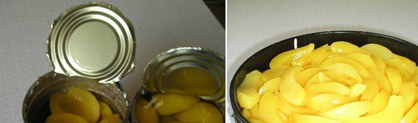 1. Этап. Персиковый чизкейк без выпечки: Персиковый сироп с желатином подогреваем на плите, перемешивая, а затем остужаем. Персики режем дольками и кладем на чизкейк.