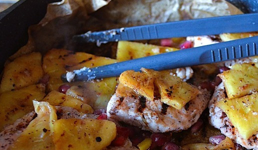 1. Этап. Индейка с ананасами на гриле: Затем полить оставшимся маринадом + зёрна граната, увеличить нагрев, постоянно переворачивая мясо и ананасы, подержать пару минут и убрать с огня.