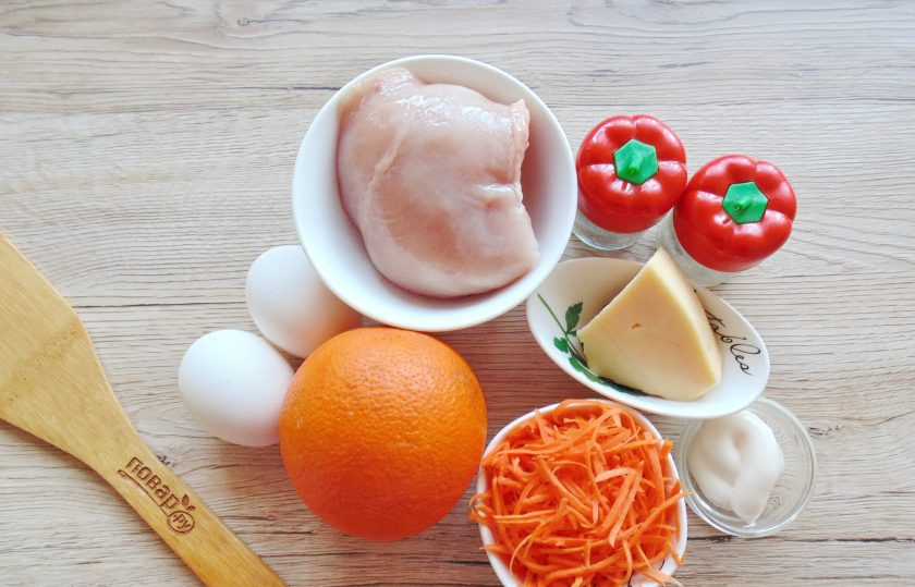 1. Этап. Салат с апельсинами, курицей и корейской морковью: Подготовьте ингредиенты для приготовления салата.