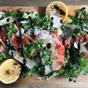 Kale, Apple, Pecorino Salad with Crispy Prosciutto and Balsamic Drizzle
