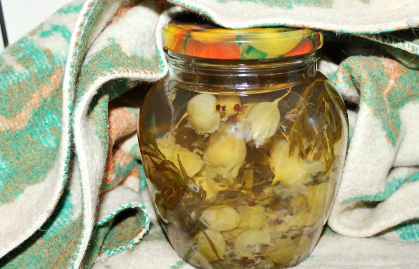 1. Этап. Компот Тархун из крыжовника на зиму: Вылейте сироп в банку с крыжовником и тархуном до самого верха и плотно закатайте. Укутайте банку с компотом и оставьте до полного остывания.