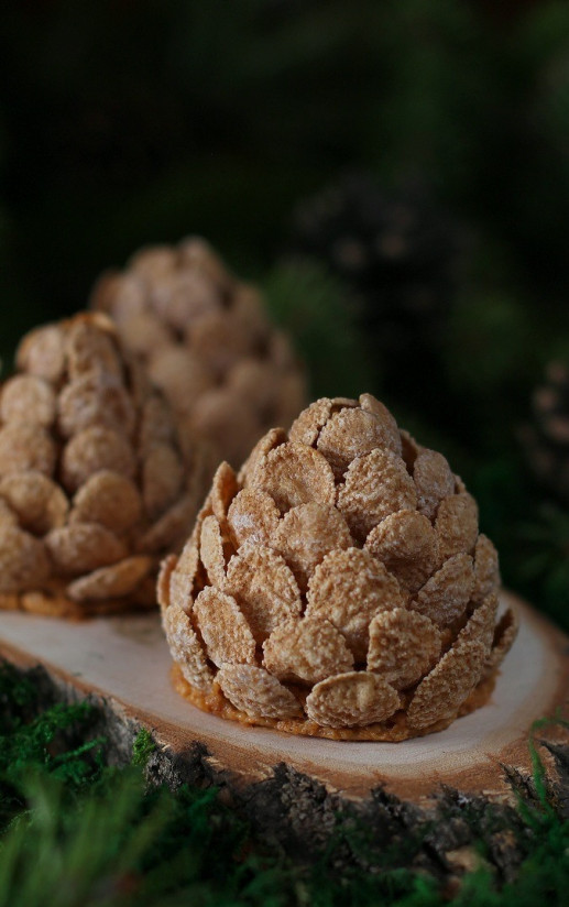 1. Stage. Cakes Pine cones: Starting from the bottom, in a circle, insert the flakes into the cone. The higher the row, the smaller the flakes. At the end, take out the skewer, stick the smallest flakes in the center. Lightly press all the flakes together. Put the cakes in the fridge for about 30 minutes. BON APPETIT!!!