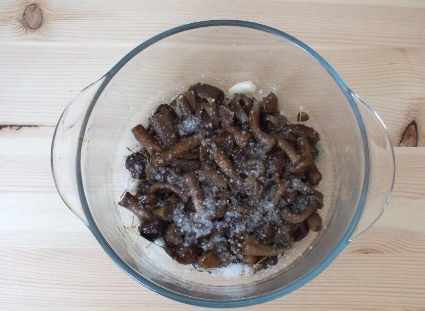 1. Этап. Засолка опят горячим способом: Положите на специи 1/2 часть грибов от количества грибов, посыпьте 1/2 частью соли от указанного количества.