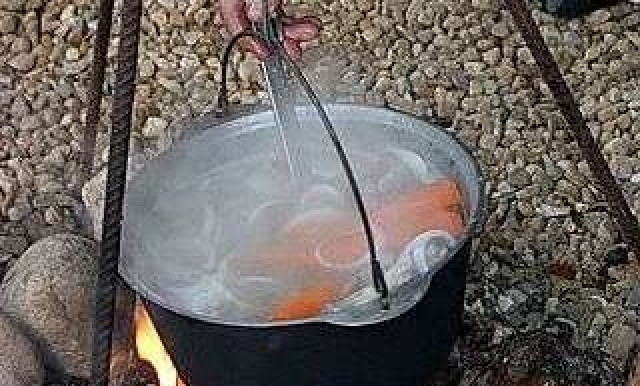 1. Этап. Шурпа в казане на костре: Добавить лук, посолить.