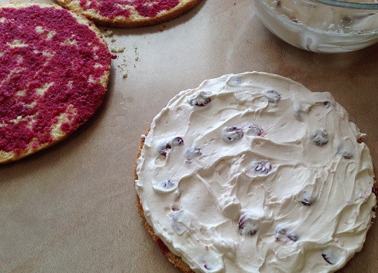 1. Этап. Бисквитный торт с вишней и творожным кремом: 12. Намазываем кремом первый корж, накрываем вторым, намазываем.