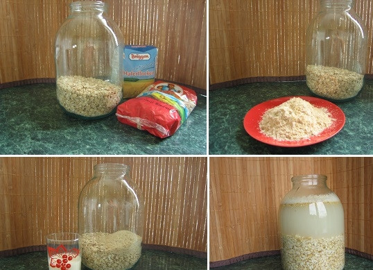 1. Этап. Овсяный кисель на кефире: 1. На первом этапе вам понадобятся хлопья овсяные, которые сразу можно отправить в чистую банку. Туда же добавьте измельченный овес, кефир и влейте теплую воду, но не до верха баночки. Аккуратно перемешайте, накройте плотной крышкой и оставьте на 2 дня.