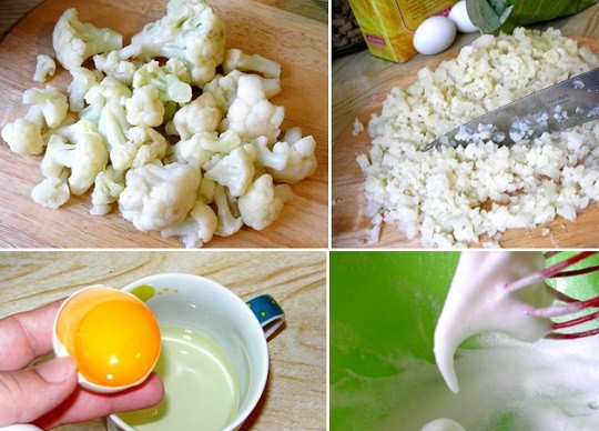 1. Этап. Оладьи из брокколи и цветной капусты: 1. Первым делом нужно нарезать мелкими кусочками брокколи и цветную капусту. У меня замороженная, ее достаточно просто разморозить. Если у вас капуста свежая, то предварительно отварите ее в подсоленной воде минут 5. Яйца разделите на белки и желтки. Белки взбейте до плотных пиков.