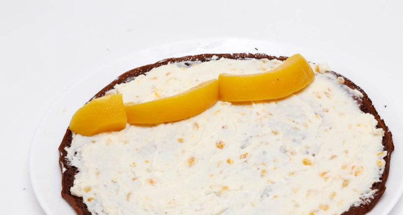 1. Этап. Каниши: 3. Смешаем творожную массу и сливки, добавим половину абрикосов или персиков. Эту массу перемешаем и смажем ею каждый блин. Также на массу ровной полоской выкладываем кусочки цельных фруктов. Сворачиваем рулет.