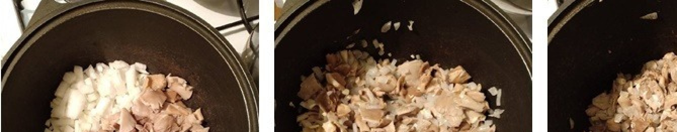 1. Этап. Картошка с вешенками, томленая в духовке: В казане или кастрюле с толстым дном обжарить на растительном масле грибы, лук и чеснок до золотистого цвета, в конце жарки поперчить по вкусу.