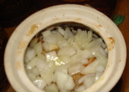 1. Этап. Свинина запеченная в горшочке: Потом выкладываем еще один толстый слой лука.