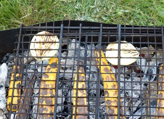 1. Этап. Уха в казане: 3. Очистите лук и морковь. Нарежьте крупными кусочками и выложите на решетку. Обжарьте с двух сторон до корочки. Это придаст ухе особый аромат.