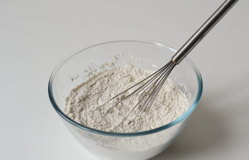 1. Этап. Хлеб без глютена: Смешайте все виды муки венчиком в отдельной миске.