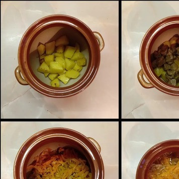 1. Этап. Картошка с мясом в духовке: В горшочки, чередуя слои, уложить картофель, мясо и лук с морковью. Залить содержимое бульоном или водой так, чтобы она слегка прикрывала верхний слой, прикрыть крышкой и поставить на 30-40мин в духовку, заранее разогретую до 190С.