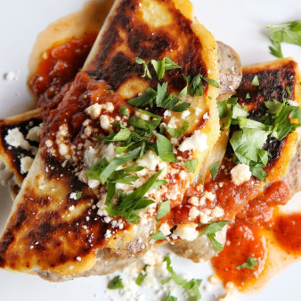 Italian Sausage Quesadillas with Spicy Tomato Sauce