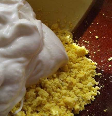 1. Stage. Spicy eggs: In a medium bowl, crush the yolks and mix with mayonnaise, onions, horseradish and mustard.