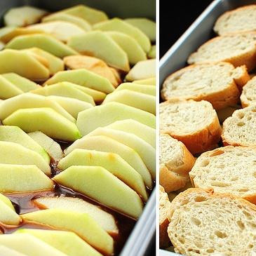 1. Этап. Французские тосты с яблоками и виски: 3. Выложить нарезанные яблоки, а сверху ломтики хлеба.