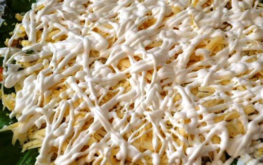 1. Этап. Салат Тиффани: Покройте его сеточкой из майонеза и плотно покройте половинками виноградин. Дайте салату немного пропитаться и подавайте на стол.