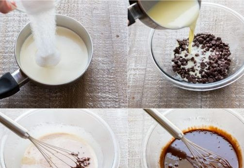 1. Этап. Бабка с шоколадом: 3. На среднем огне в ковшике смешайте сливки и 1/4 стакана сахара, нагрейте, не дав закипеть. Горячие сливки влейте в шоколадную крошку. Быстро помешивайте ганаш до растворения шоколада.