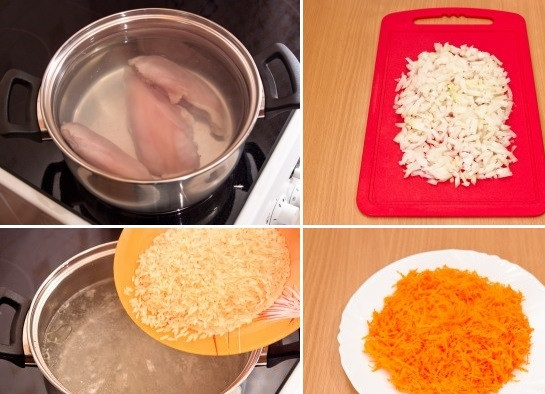 1. Этап. Сырный суп с рисом: 1. Филе курицы промойте и опустите в кастрюлю (у меня на 4 литра) с тремя литрами воды. Посолите, поперчите и варите 20 минут на маленьком огне. Когда куриное филе сварится, выньте его из кастрюли и пока отложите в сторону. В бульон бросьте рис, проварите 10 минут. В это время мелко нарежьте лук и натрите морковь на мелкой терке.