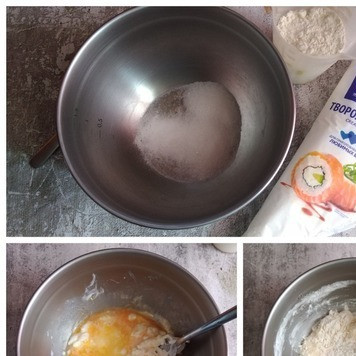 1. Этап. Завитушки к чаю: Делаем тесто. В посуду помещаем сыр творожный, разбиваем яйцо, кладём сахар и соду. Соединяем. Сода погасится в творожном сыре. Понемногу выкладываем муку, добавляем маленькую щепотку соли. Я работала в начале силиконовой лопаткой, а затем руками. Сильно мукой не забивайте. Как перестанет тесто липнут к рукам, можно его раскатывать. Тесто мягкое.