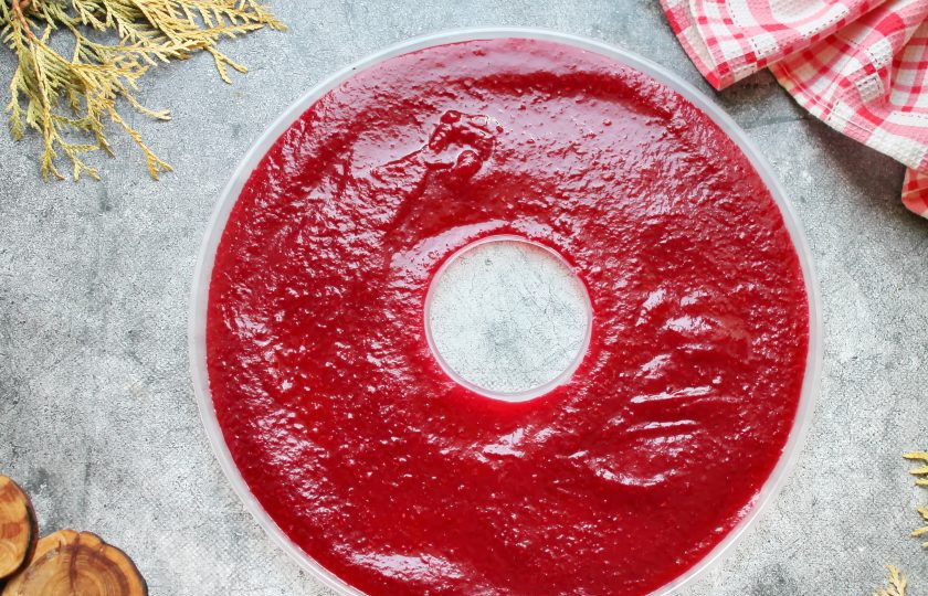 1. Этап. Пастила из клюквы: Поддон для сушки пастилы смажьте растительным маслом и выложите в него клюквенную массу. Разровняйте ее тонким слоем.