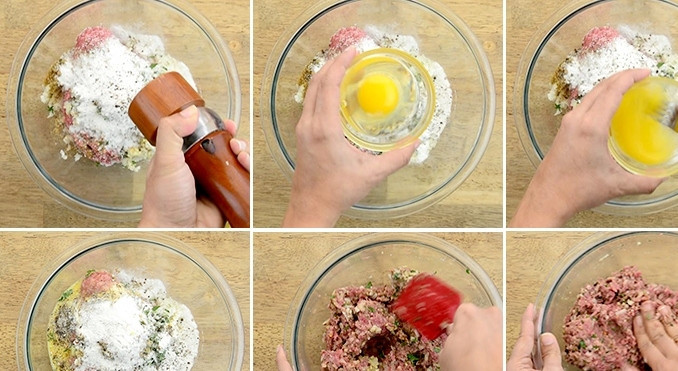 1. Этап. Греческие фрикадельки из баранины: 2. Добавьте муку, яйцо, измельченный зеленый лук, соль и перец по вкусу.