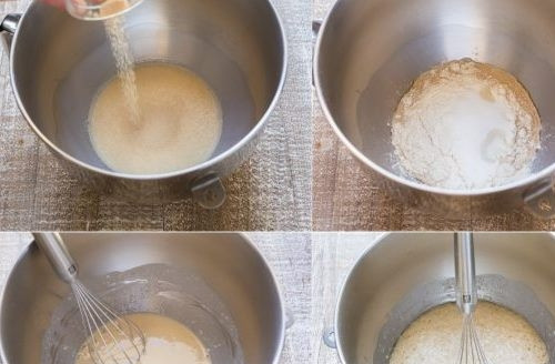 1. Этап. Бабка с шоколадом: 1. В емкость насыпьте дрожжи и залейте их теплым молоком. Оставьте дрожжи на 7 минут. В ту же емкость добавьте пол стакана муки и 2 столовые ложки сахара. Перемешайте, накройте пищевой пленкой и оставьте тесто на час при комнатной температуре, чтобы оно вырасло в объеме.