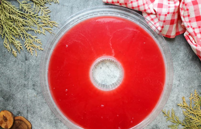 1. Этап. Пастила из арбуза в сушилке: Поддоны для пастилы смажьте растительным маслом и вылейте арбузную массу толщиной 5 мм.