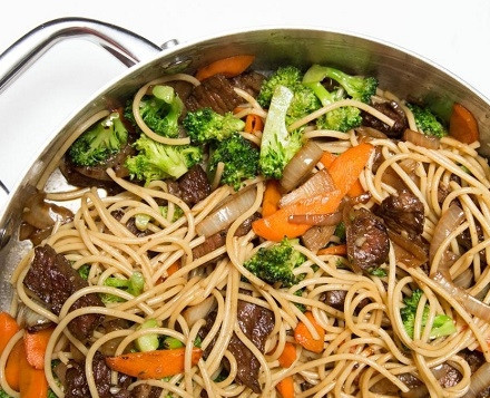 1. Этап. Макароны с мясом и овощами: Перемешиваем, пусть минуты 2-3 постоит под крышкой, за это время перемешаются вкусы и ароматы.