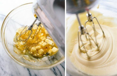 1. Этап. Медово-лимонный курд: 1. В глубокую мисочку отправьте нарезанное кубиками масло и мед. Миксером начните взбивать на медленной скорости.