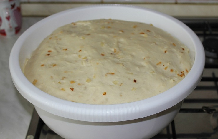 1. Этап. Чиабатта с луком: Выкладываем в нее готовое тесто, накрываем его полотенцем и ставим в теплое место на 1,5 часа. За это время тесто должно значительно вырасти в объеме.