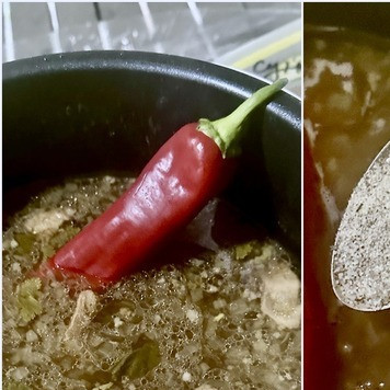 1. Этап. Харчо с орехами и сливой: Перец. Который красный и острый. Проверил стручок на предмет целостности, чтобы он был без повреждений. Это важно. В противном случае может получиться огненный суп. Такой мало кто есть может, на самом деле. Тут уместно посолить. Я взял адыгейскую соль. И дал бульону побулькать влегкую, усвоить все заложенное. Минут пять – десять.