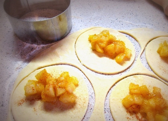 1. Этап. Пирожки с творогом и яблоками: Когда начинка немного остынет, вынимаем из холодильника тесто и раскатываем его на посыпанной мукой ровной поверхности в тонкий пласт. Теперь при помощи чашки вырезаем из теста круги и выкладываем на каждый круг начинку, посыпаем ее корицей.