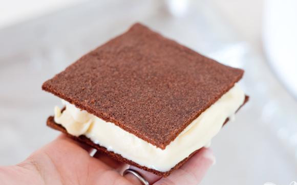 1. Этап. Шоколадные сэндвичи с начинкой из мороженого: 4. Смазать одну половину печенья приготовленным мороженым, накрыть сверху оставшимися половинками, обернуть полиэтиленовой пленкой и заморозить. При желании вы можете посыпать края сэндвичей шоколадной стружкой.