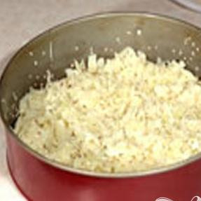 1. Этап. Быстрый капустный пирог: 3. Маслом смазываем форму (диаметр двадцать четыре сантиметра). Меньшую часть теста выливаем в форму, равномерно раскладываем сверху капустную начинку.