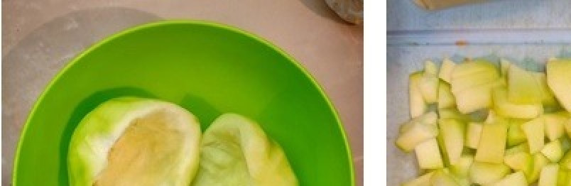 1. Этап. Фаршированные кабачки под сырной корочкой: Кабачок помыть, разрезать пополам, очистить от кожуры, вынуть ложкой семена и волокна. Края кабачка ровно обрезать. Обрезки кабачка покрошить средними кубиками.