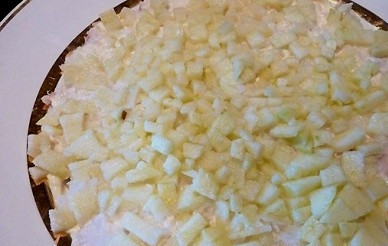 1. Этап. Салат Черепаха с виноградом: Следующий слой — лук, который смешиваем с яблоками.