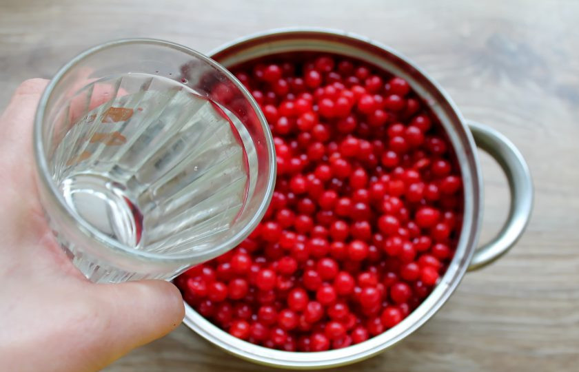 1. Этап. Варенье из калины без косточек: Ягоды калины вымойте, обсушите и отделите от веточек. Сложите их в кастрюлю и влейте холодную воду.