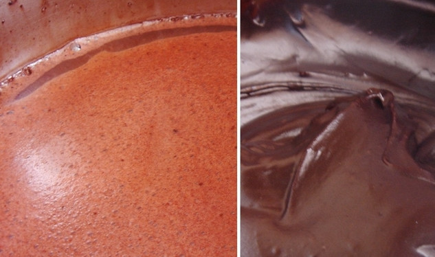 1. Этап. Шоколадные маффины с заварным кремом: 2. Сделаем теперь заварное шоколадное тесто. В кастрюле смешаем сахар, крахмал и какао, добавим воду и хорошо перемешаем. Поставим смесь на средний огонь и, постоянно помешивая, доведем до загустения.