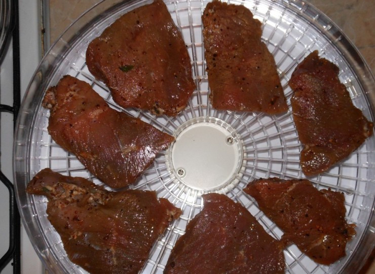 1. Этап. Сушеная говядина: По истечении трех дней, когда мясо хорошенько промаринуется, мы обтираем куски говядины бумажными полотенцами и выкладываем их в сушилку на расстоянии друг от друга, снизу помещаем куски побольше, потому что там они быстрее высохнут.