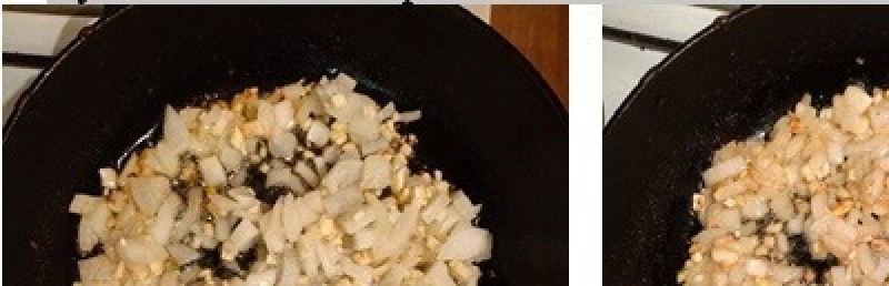 1. Этап. Фаршированные кабачки под сырной корочкой: Лук и чеснок обжарить до появления золотистого цвета.