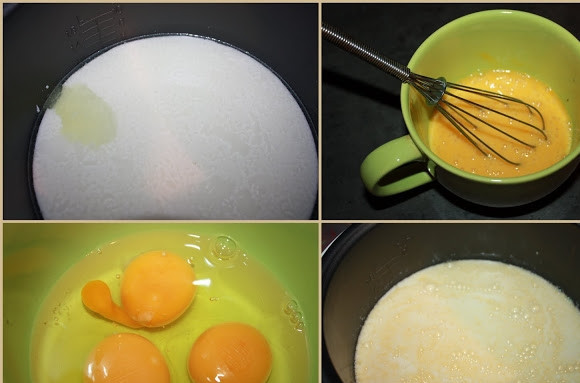 1. Этап. Домашний сыр из кислого молока: Свежее молоко поставьте прокисать. Когда это случится, вылейте его в чашу мультиварки. Вбейте яйца в отдельную посуду, взбейте их венчиком. Влейте яйца к молоку, добавьте соль, перемешайте.