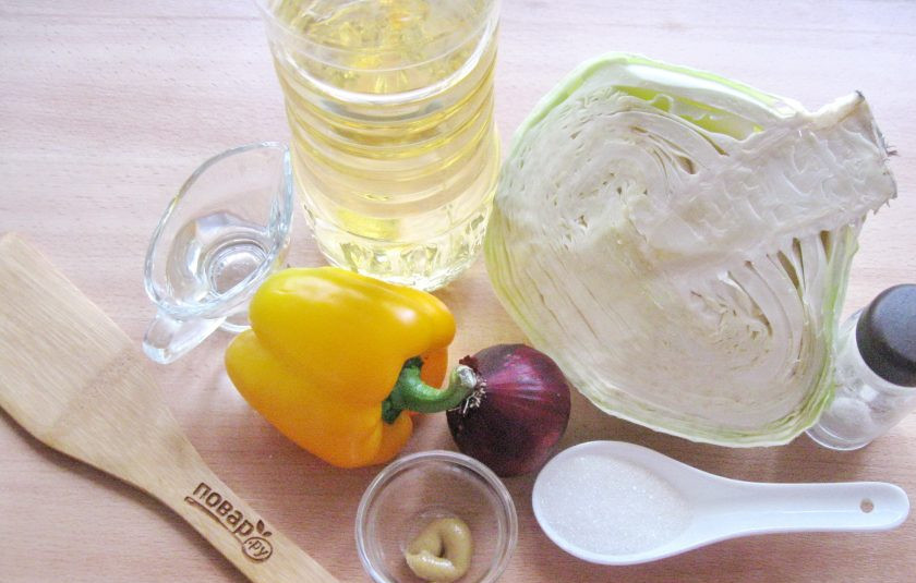 1. Этап. Капустный салат по-немецки: Подготовьте ингредиенты для приготовления капустного салата по-немецки.