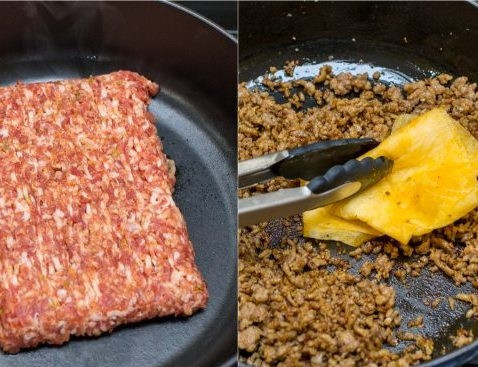 1. Этап. Грибы, фаршированные фаршем и сыром: 3. Отправляем фарш на разогретую сковороду. Добавьте немного растительного масла. Когда из фарша выпарится вода, добавьте сыр. Жарьте до румяного цвета, после чего снимите с огня и остудите.