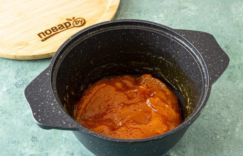 1. Этап. Повидло из тыквы с апельсином: Проварите ещё пару минут, затем снимите с плиты.
